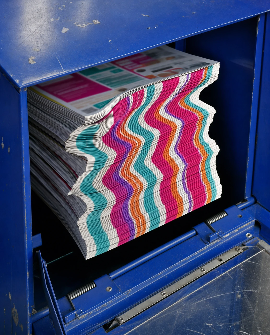 A tall stack of freshly printed magazines resting in a worn blue industrial printing machine, the page edges forming rippling rainbow stripes.