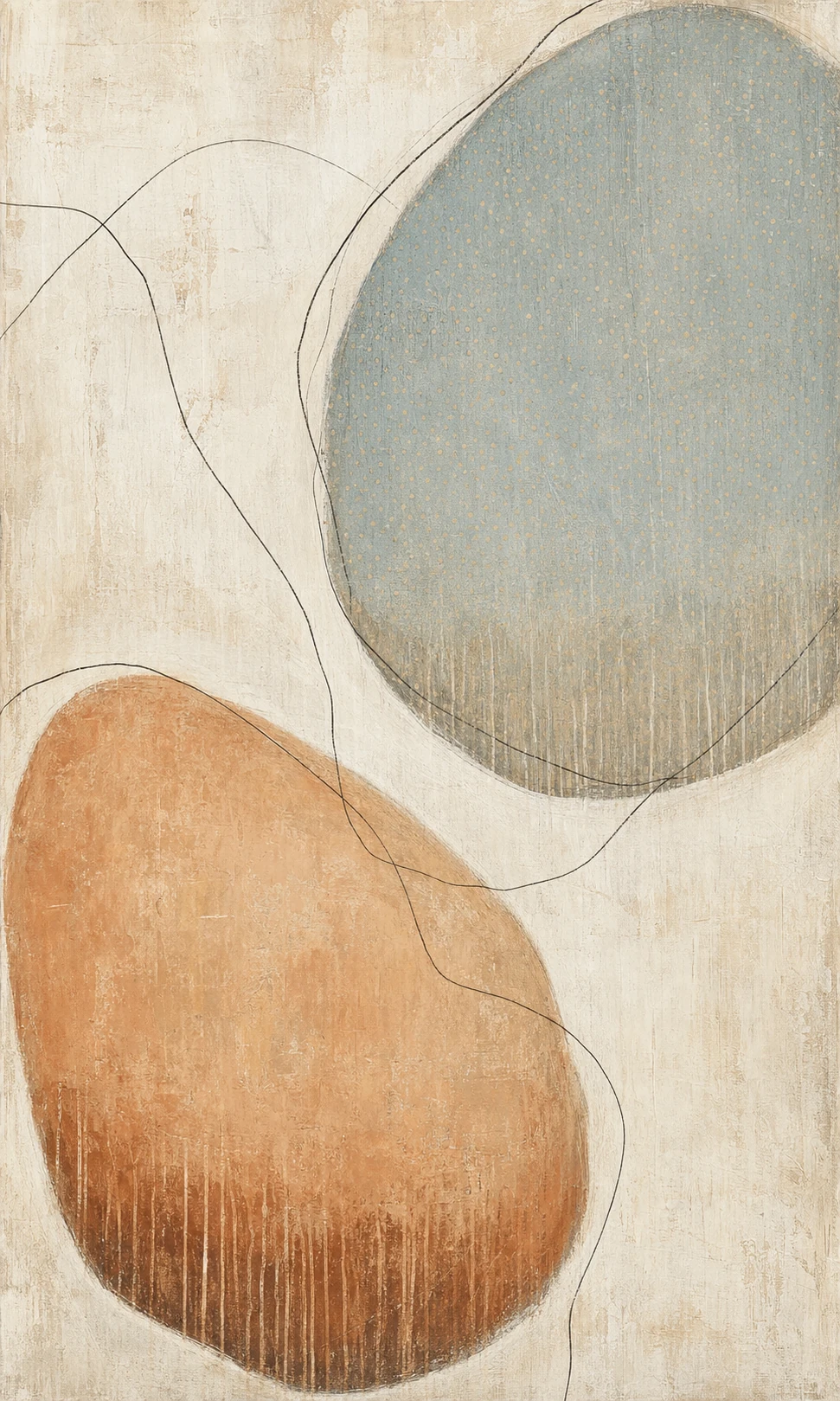 An abstract painterly composition of two large organic ovoid forms set against a textured neutral ground, traced by wandering thin black lines.