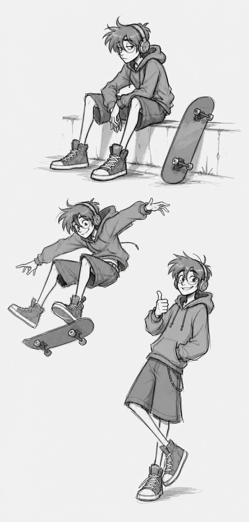 A grayscale character sketch sheet showing a young skater in three poses with varied expressions and body language.
