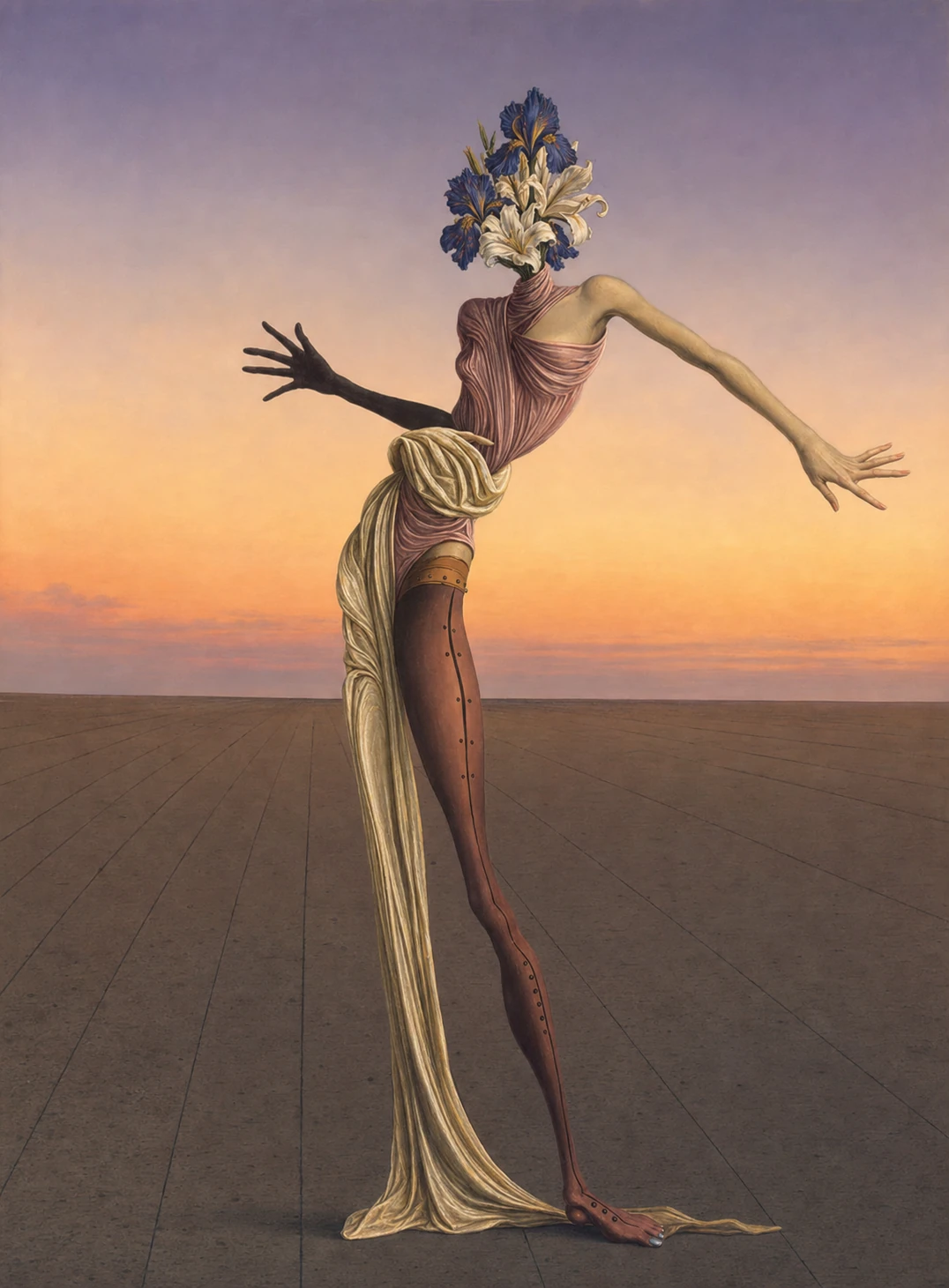 A surrealist oil painting of an elongated dancing figure whose head is replaced by a bouquet of irises and lilies, set on a vast tiled plain at dusk.
