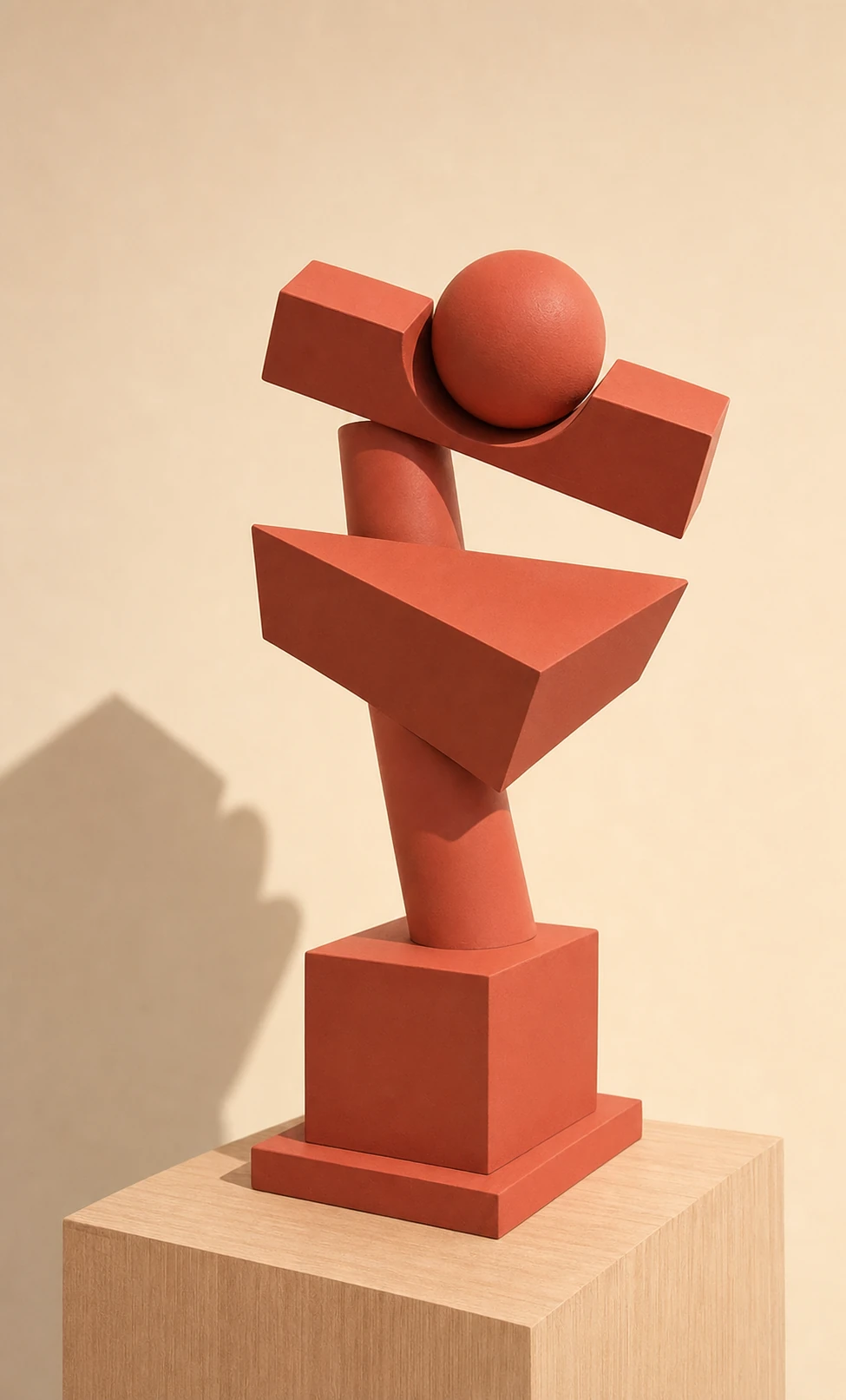 A terracotta-colored abstract sculpture made of stacked geometric primitives balanced on a wooden pedestal against a warm beige backdrop.