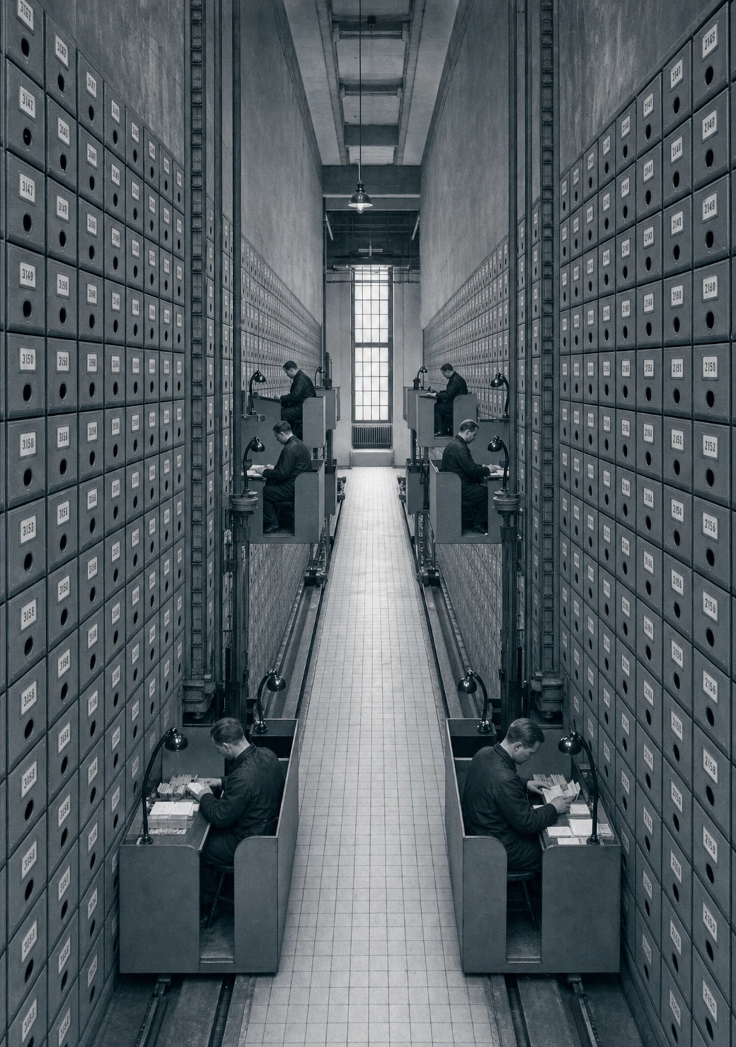 A symmetrical black-and-white photograph of a vast archive corridor where workers sit at facing desks flanked by towering walls of numbered filing drawers.