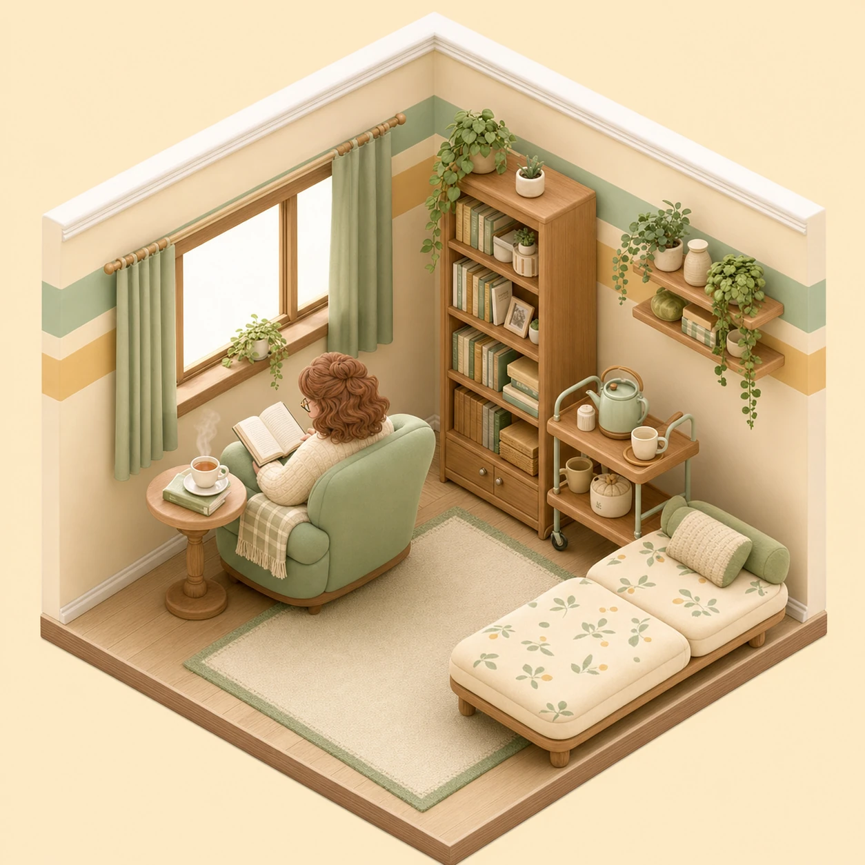 A cozy isometric miniature diorama of a reading nook where a person relaxes in an armchair with a book and tea.