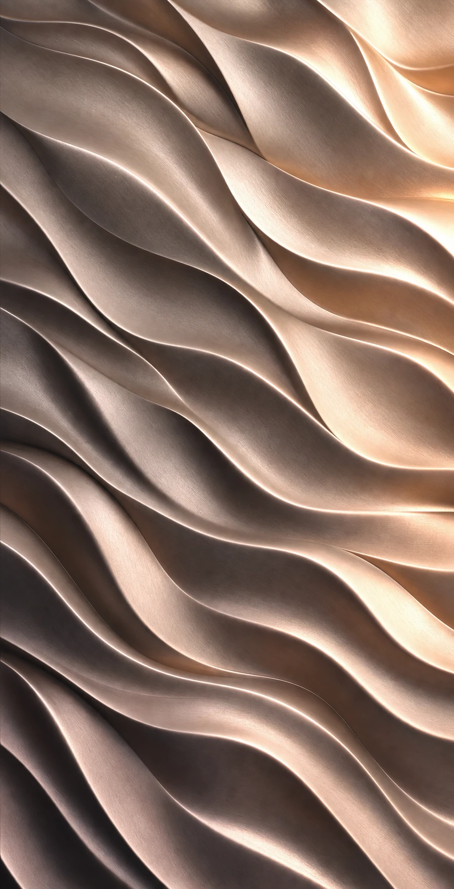 A close-up abstract texture of flowing, undulating waves rendered in warm metallic tones with soft diagonal light.