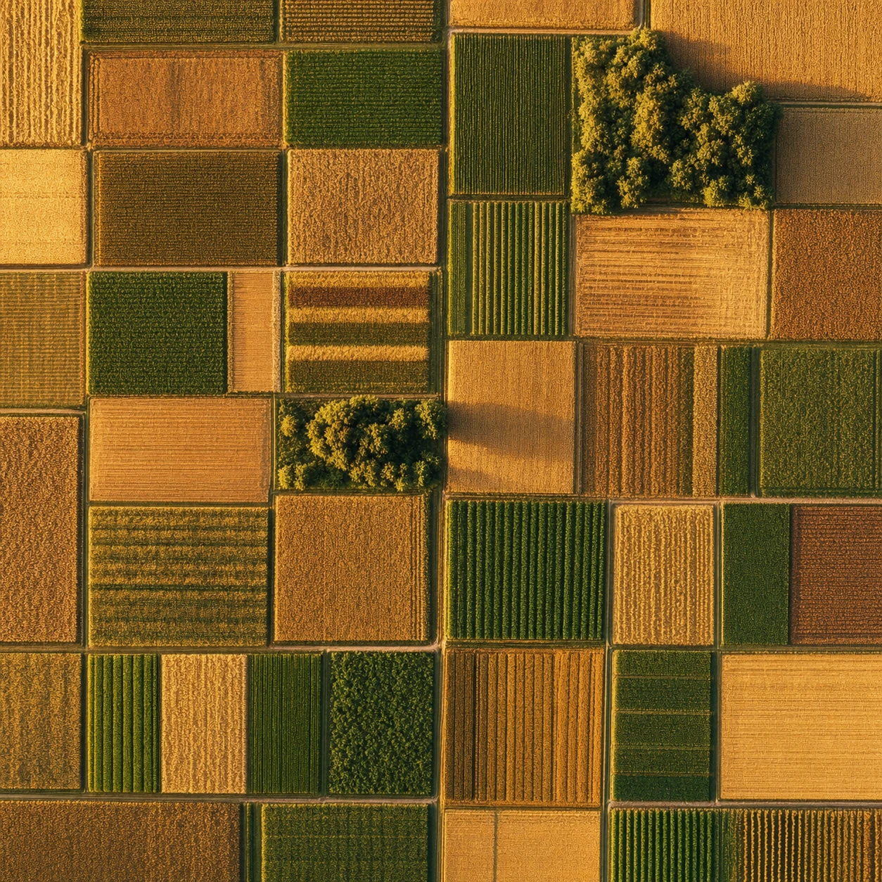A top-down aerial photograph of a patchwork of agricultural fields forming a natural geometric grid in warm golden and green tones.