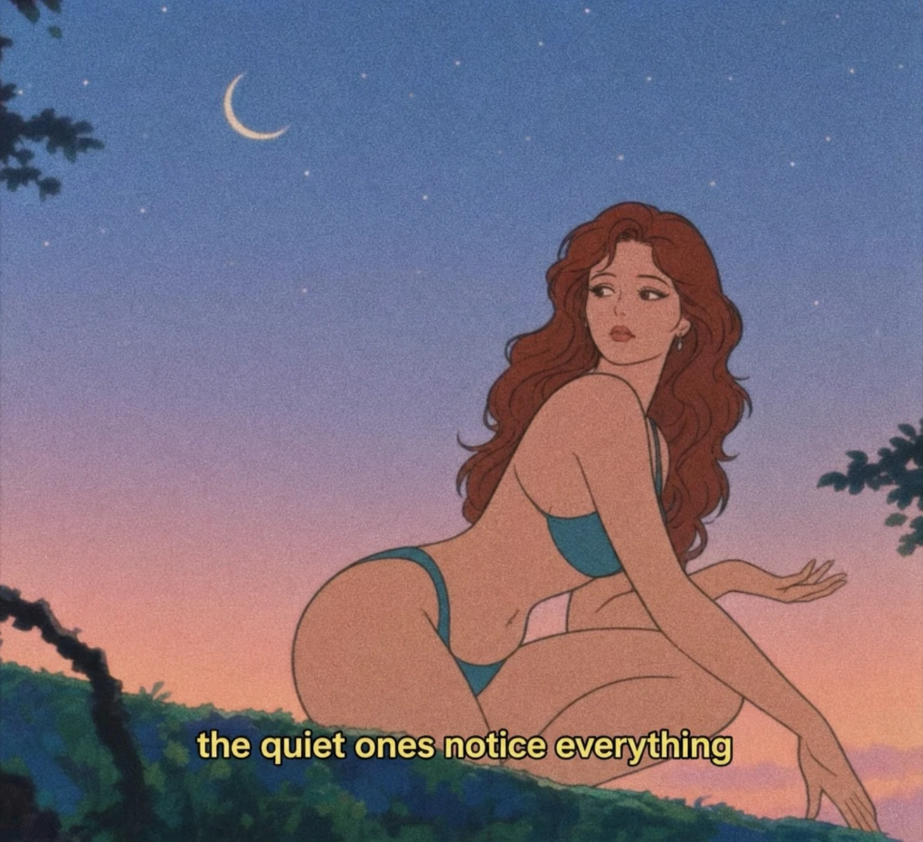 A nostalgic retro-anime illustration of a wavy-haired woman seated outdoors at twilight beneath a crescent moon, captioned with a contemplative subtitle.