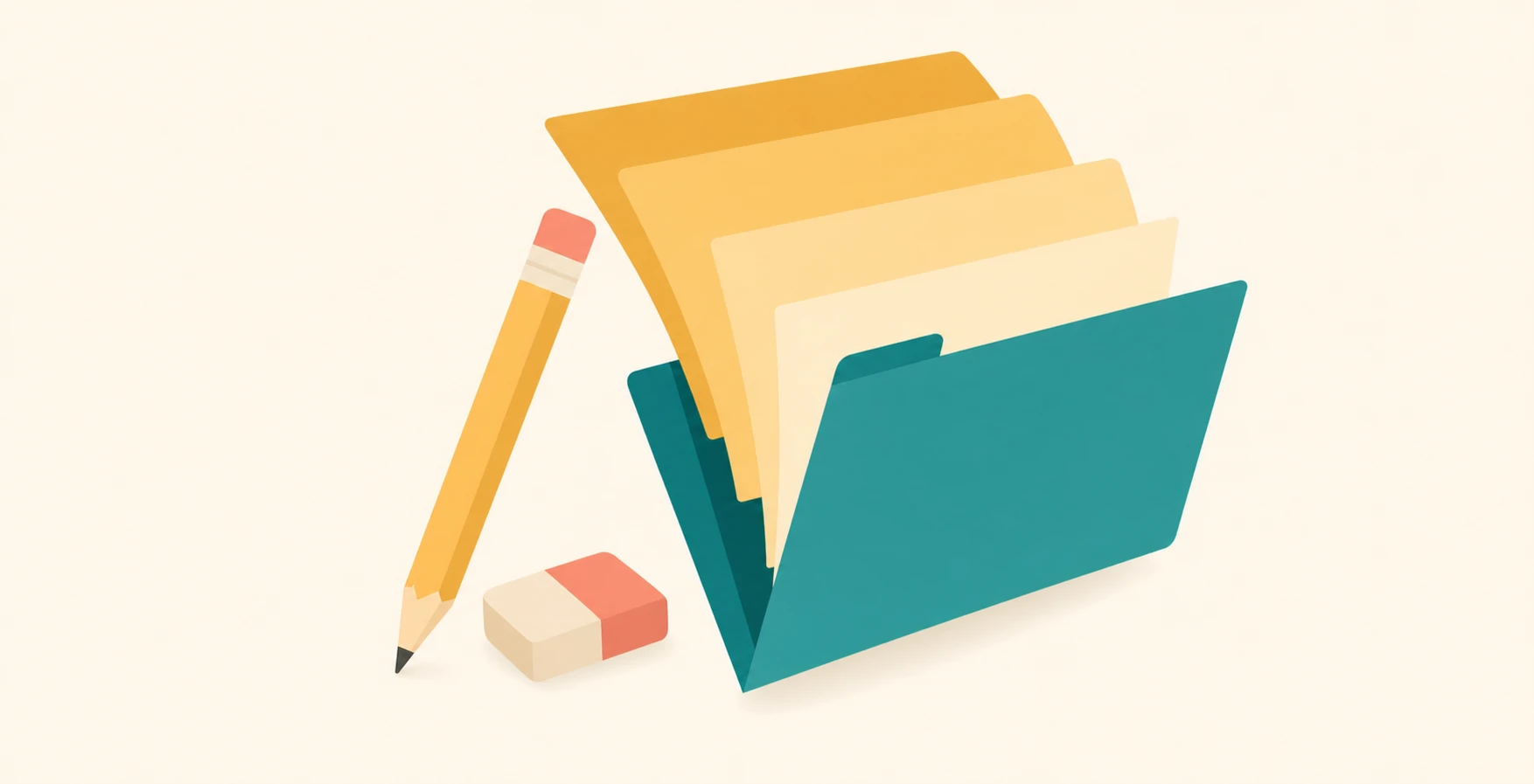 A flat vector illustration of an open file folder filled with layered paper sheets, accompanied by a pencil and eraser.