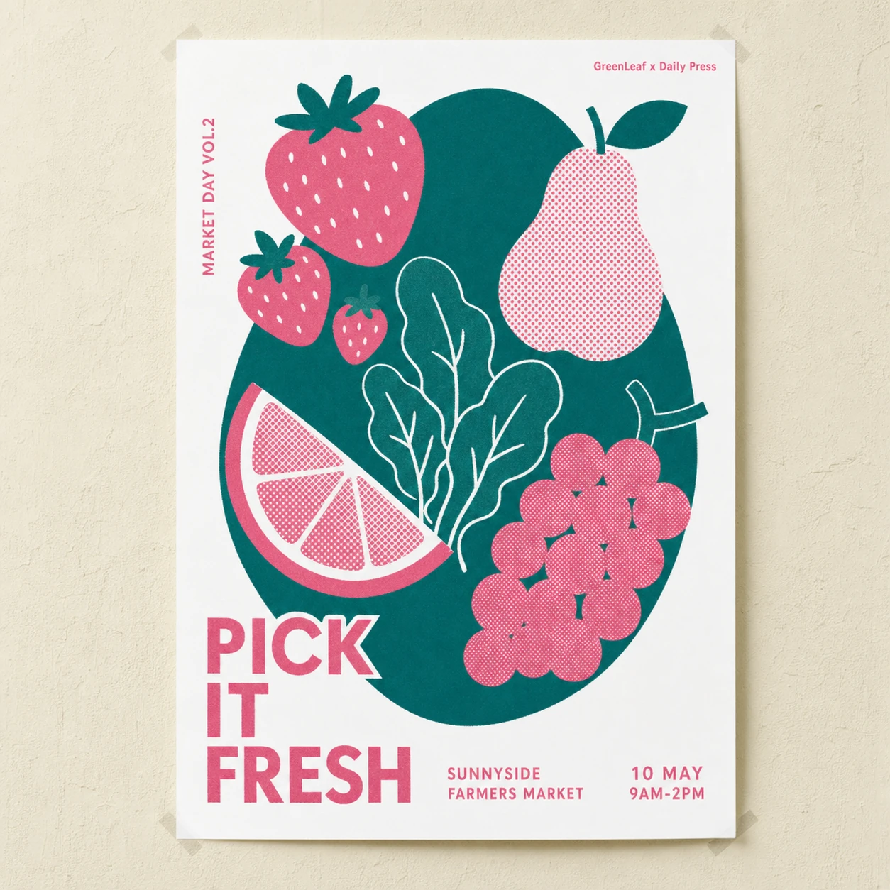 A two-color risograph-style farmers market poster featuring a cluster of stylized fruits and vegetables with bold pink headline text.