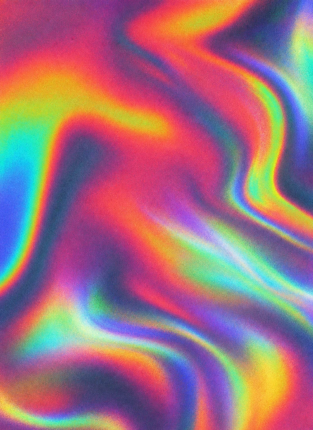 An abstract holographic gradient with swirling, liquid-like rainbow bands and a fine grain texture.