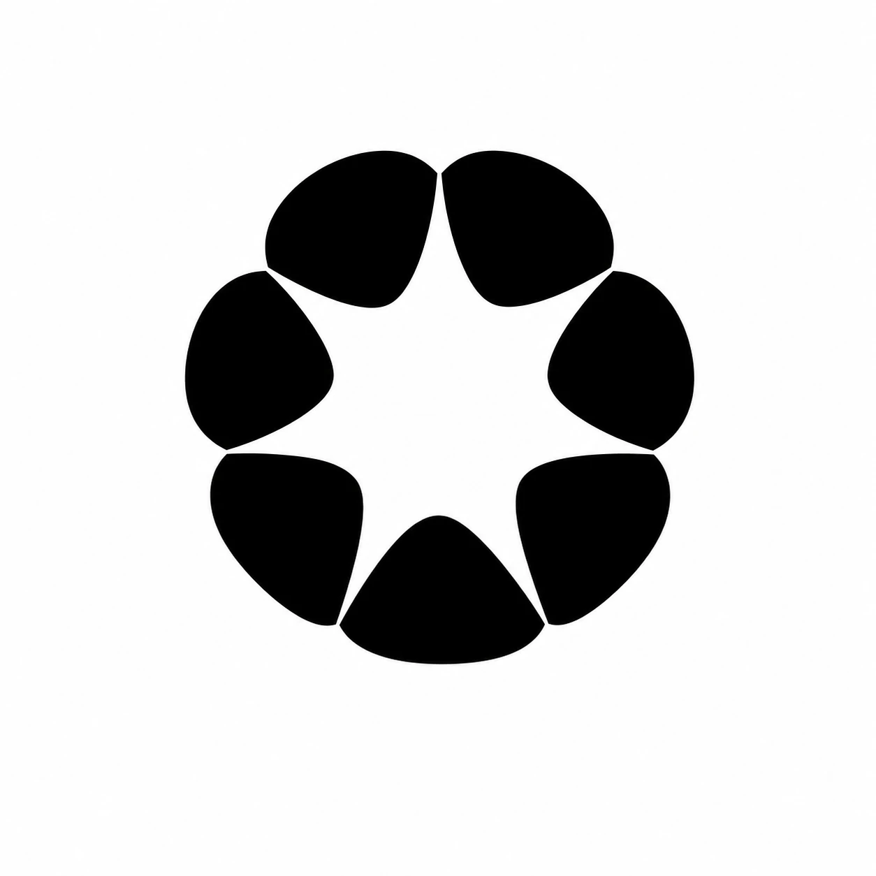 A minimalist black geometric logo mark formed by petal-like shapes arranged in a radial ring that creates a negative-space star at its center.