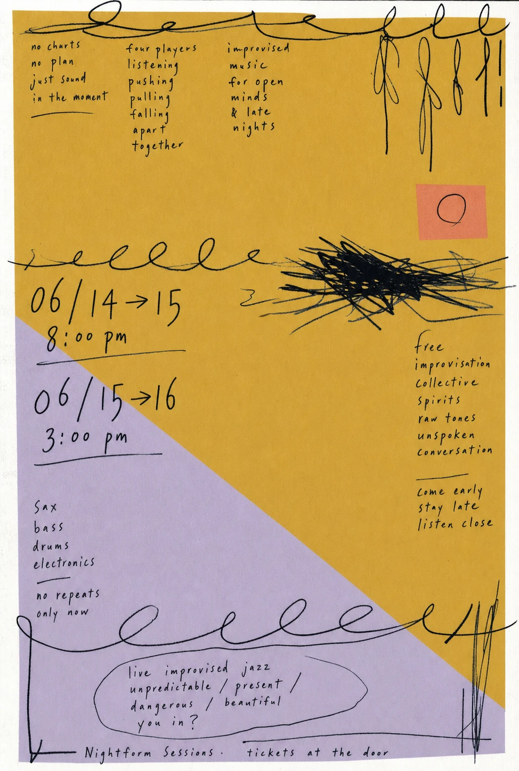 A hand-drawn, expressive event poster for an improvised jazz session, layering scrawled handwriting and gestural ink marks over bold geometric color blocks.