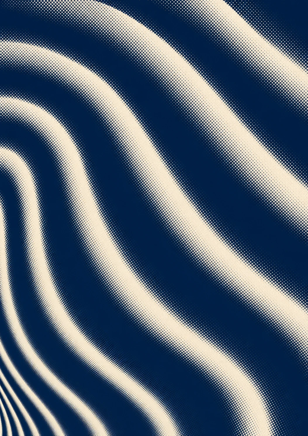 An abstract two-tone halftone composition of flowing wave-like ridges rendered in dot-screen texture.
