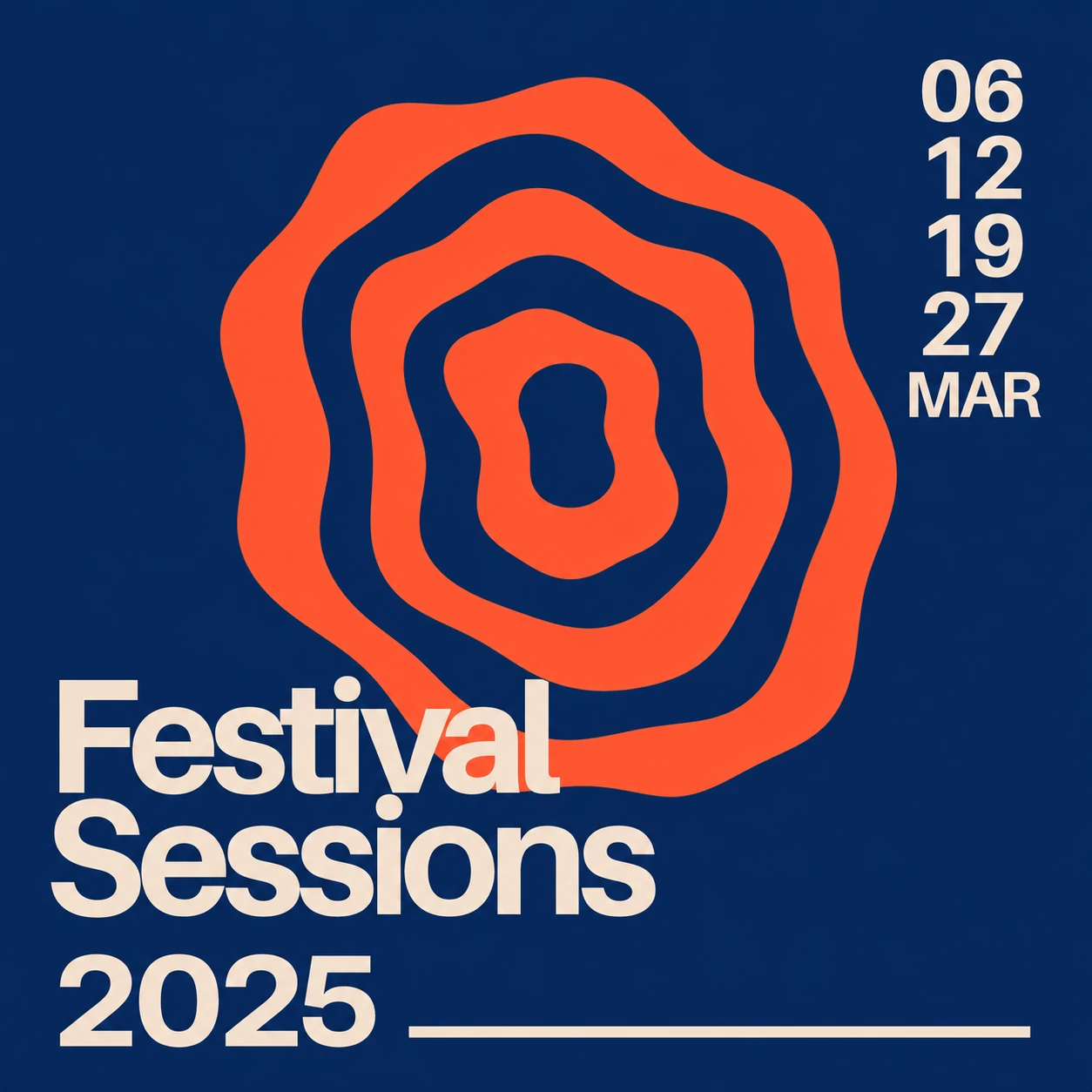 A bold event poster featuring a concentric organic ripple graphic with large sans-serif title text on a deep blue background.