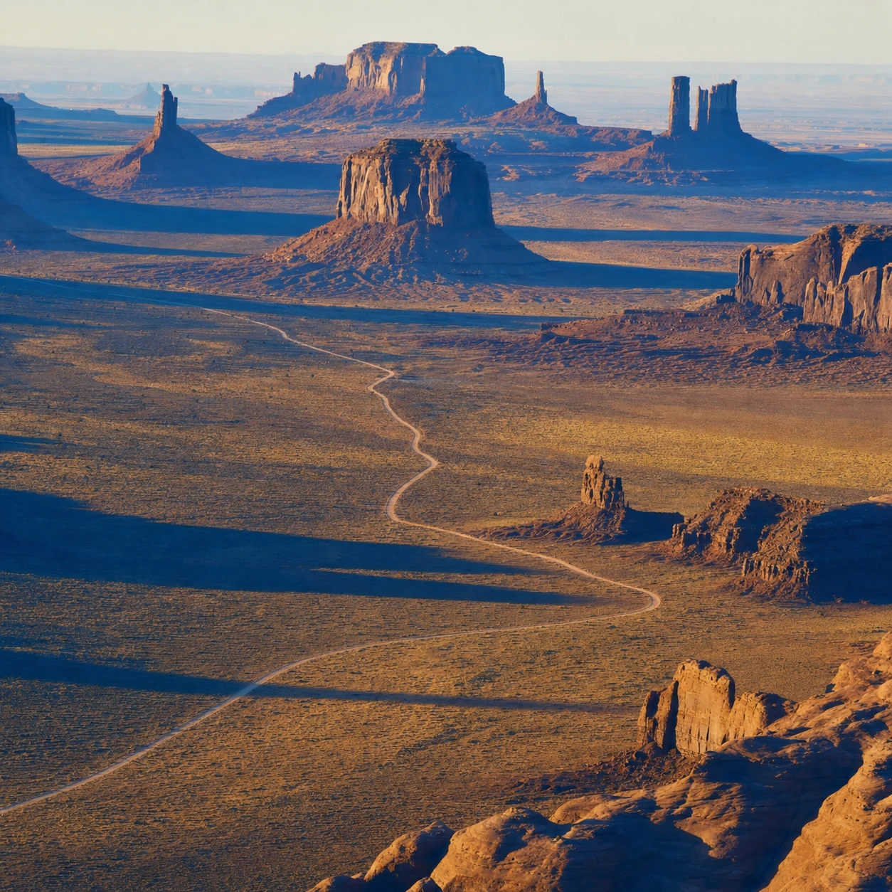 A sweeping golden-hour landscape photograph of a desert valley dotted with towering sandstone buttes and a winding dirt road.