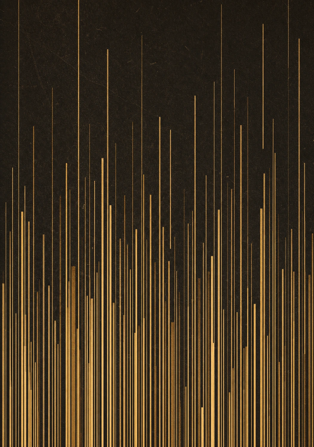 An abstract minimalist composition of vertical golden lines rising from the bottom edge against a dark textured background.