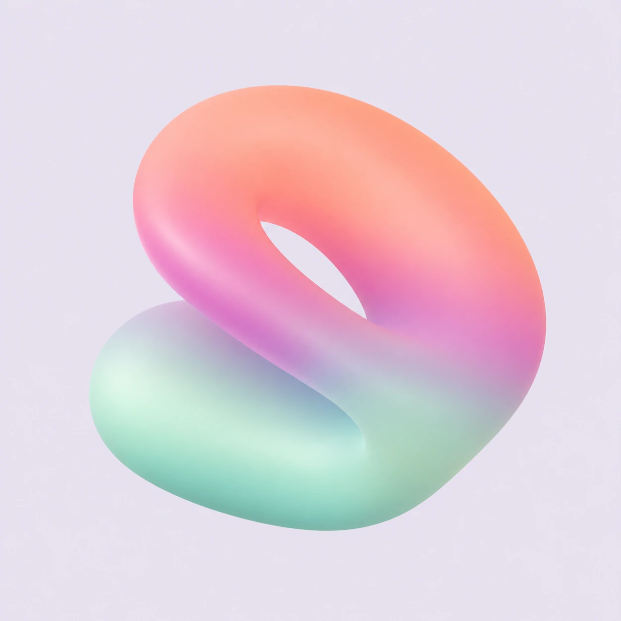 A soft, glossy 3D abstract knotted-tube form rendered in a smooth multicolor gradient floating on a pale lavender background.
