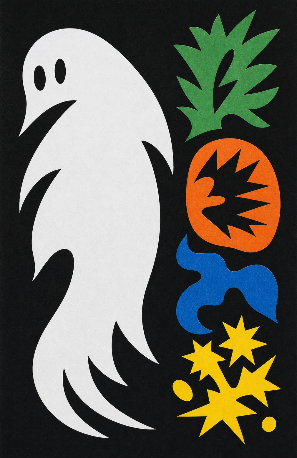 A bold cut-paper collage of a wispy white ghost beside a vertical stack of abstract organic shapes on a black ground.