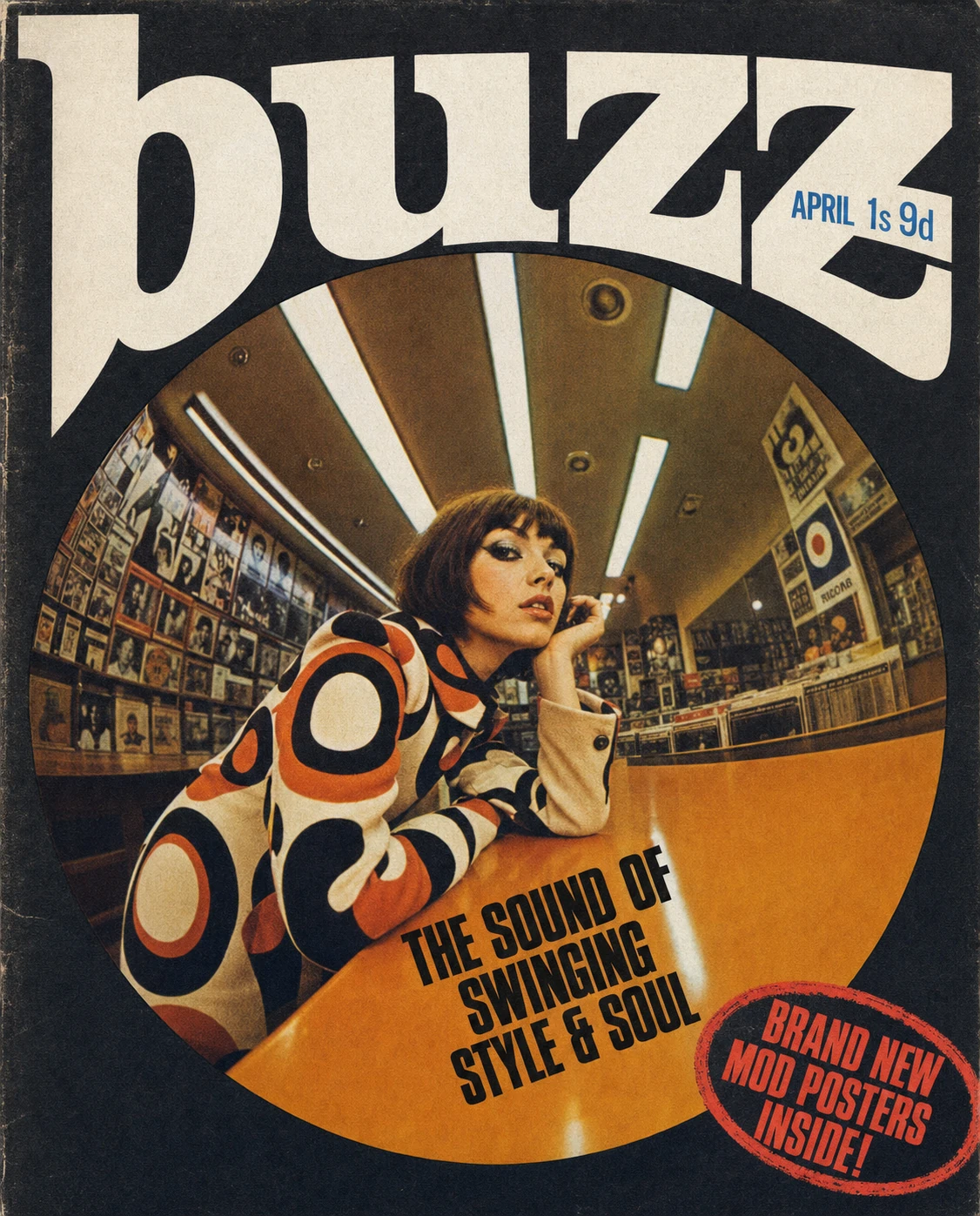 A retro 1960s music magazine cover featuring a mod fashion model inside a circular photo framed by bold display lettering.