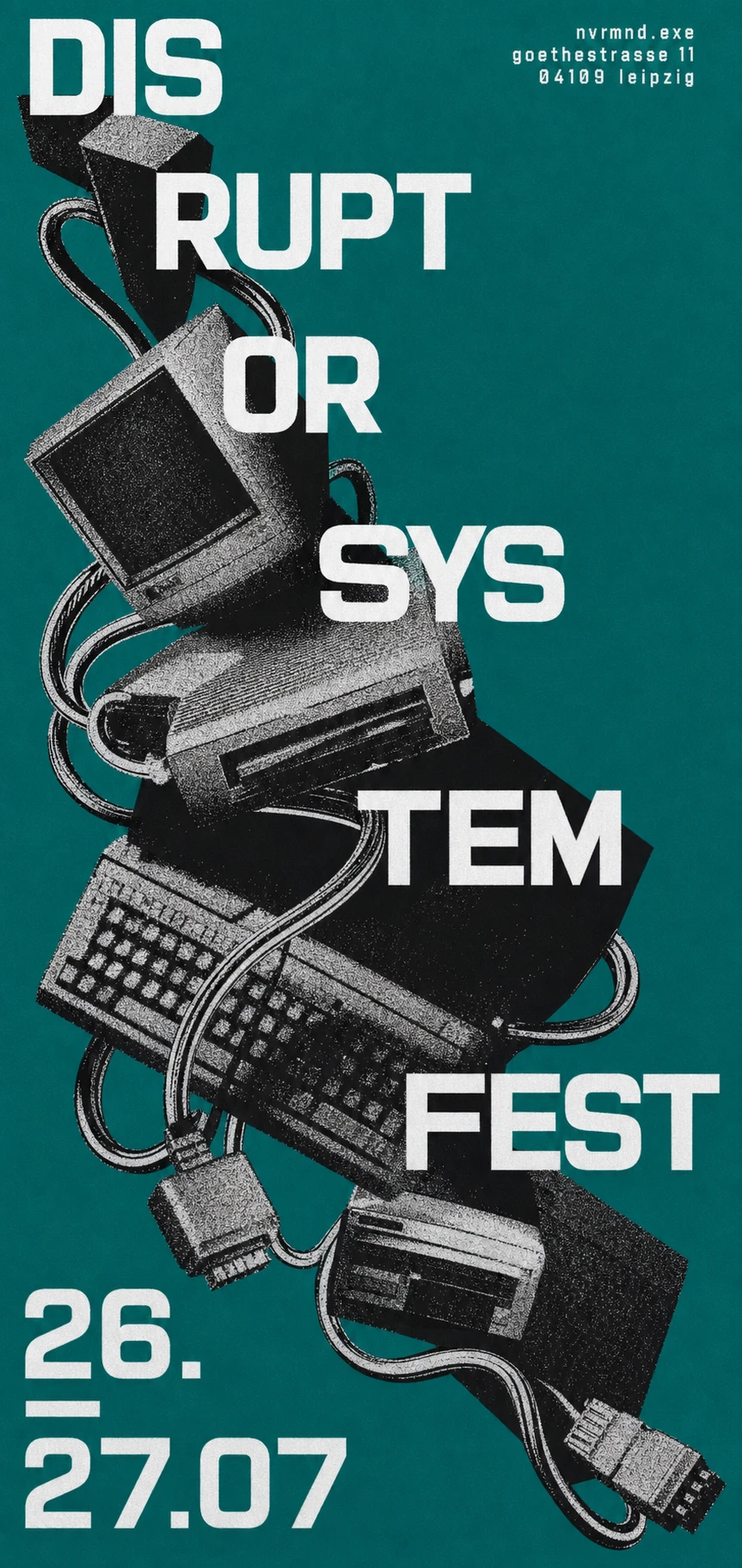 A brutalist techno-fest poster featuring a chaotic collage of grainy retro computer hardware overlaid with bold stacked white type on a teal background.