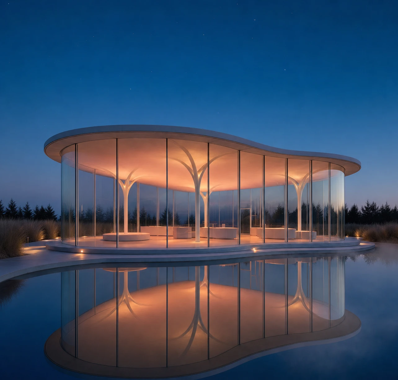 A glowing curvilinear glass pavilion at twilight, mirrored in a still reflecting pool under a deep blue sky.