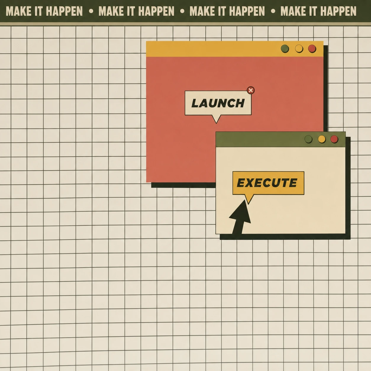 A retro-styled flat illustration of overlapping vintage application windows with action-word speech bubbles on a graph-paper grid.