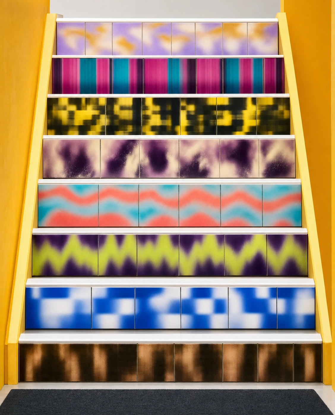 A symmetrical photograph of a staircase whose risers are each tiled with a different vibrant, spray-painted abstract pattern, framed by saturated yellow walls.