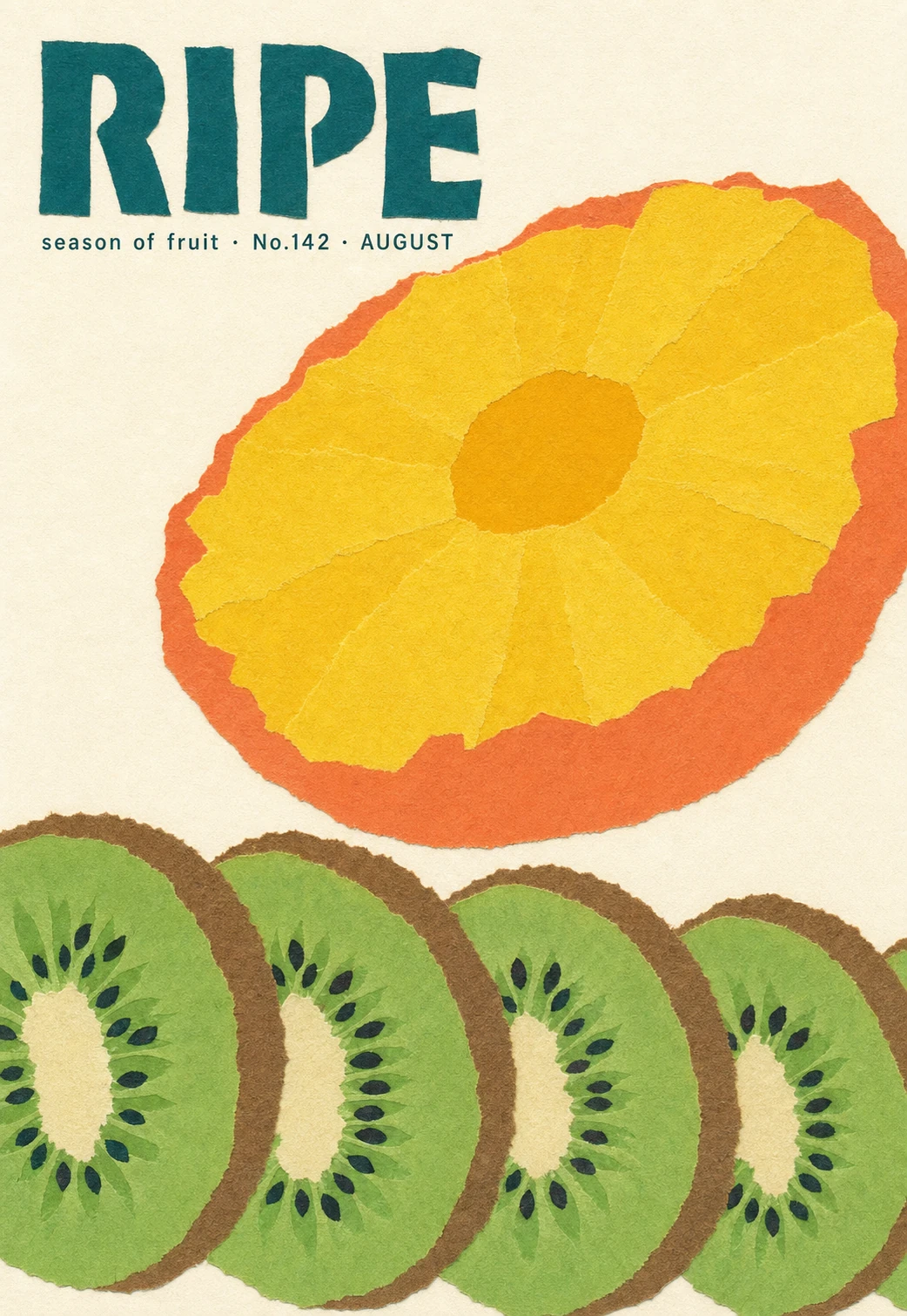 A retro-style poster featuring torn-paper-collage fruit slices with a bold hand-cut title.