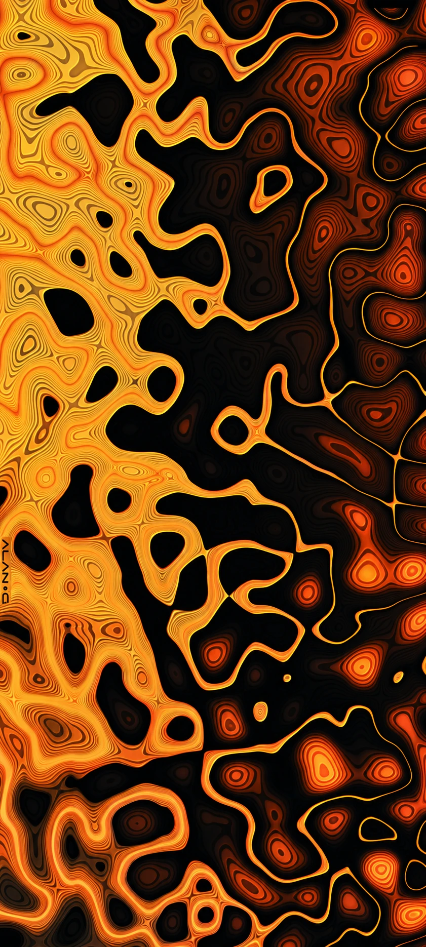 A vertical abstract wallpaper of molten, lava-like organic forms with glowing topographic contour lines on a dark field.