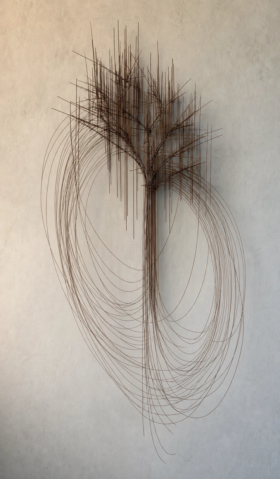 A wall-mounted abstract metal wire sculpture resembling a stylized tree or wheat sheaf with spiky upper branches and long sweeping looped lower strands, set aga