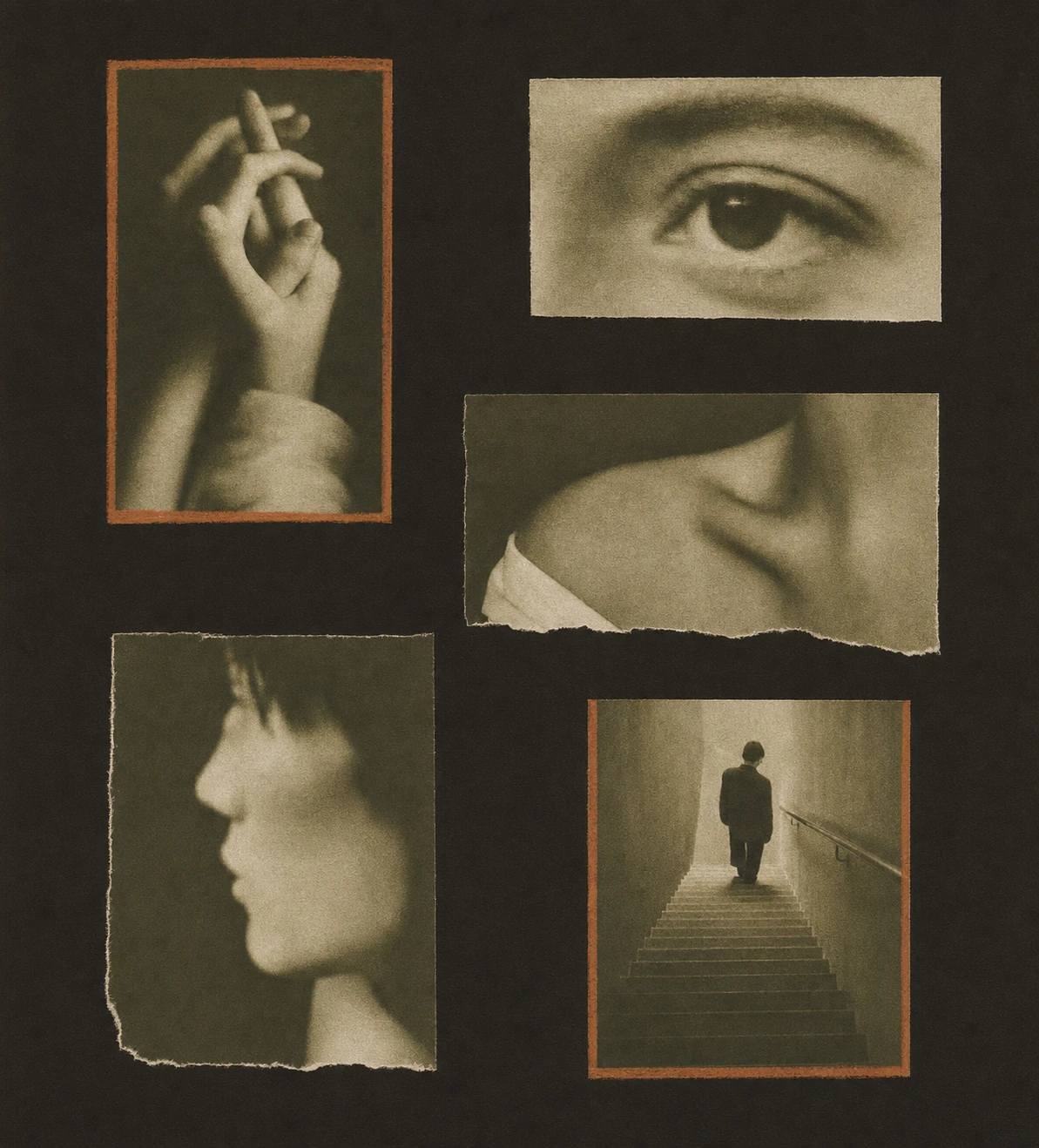 A moody sepia-toned photographic collage of fragmented human figure studies arranged as torn and bordered prints on a dark backdrop.
