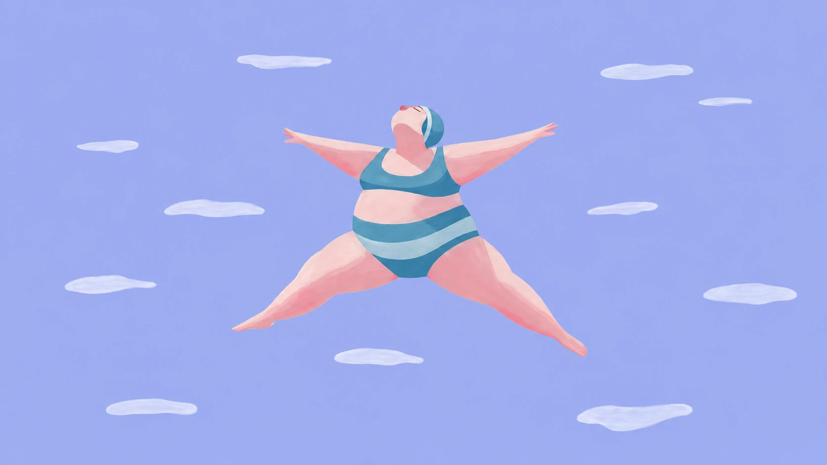 A joyful body-positive illustration of a plus-size swimmer mid-leap in a star pose against a calm blue sky dotted with soft clouds.
