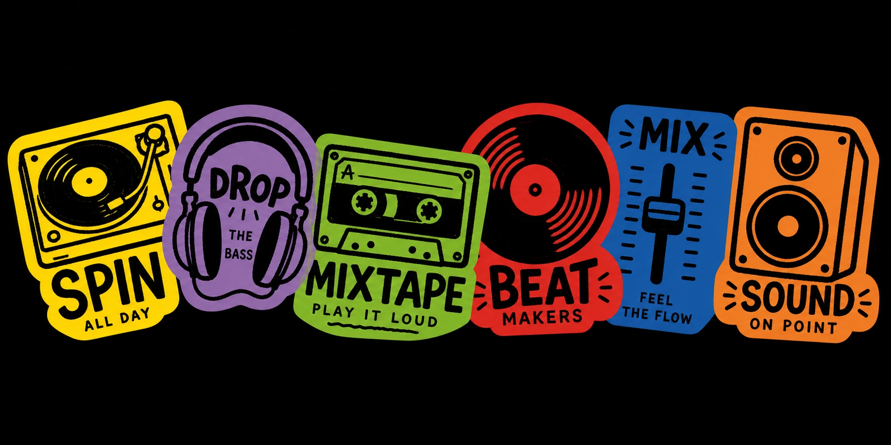 A horizontal row of bold, colorful music-themed sticker badges, each featuring a retro audio icon with a short slogan, set against black.
