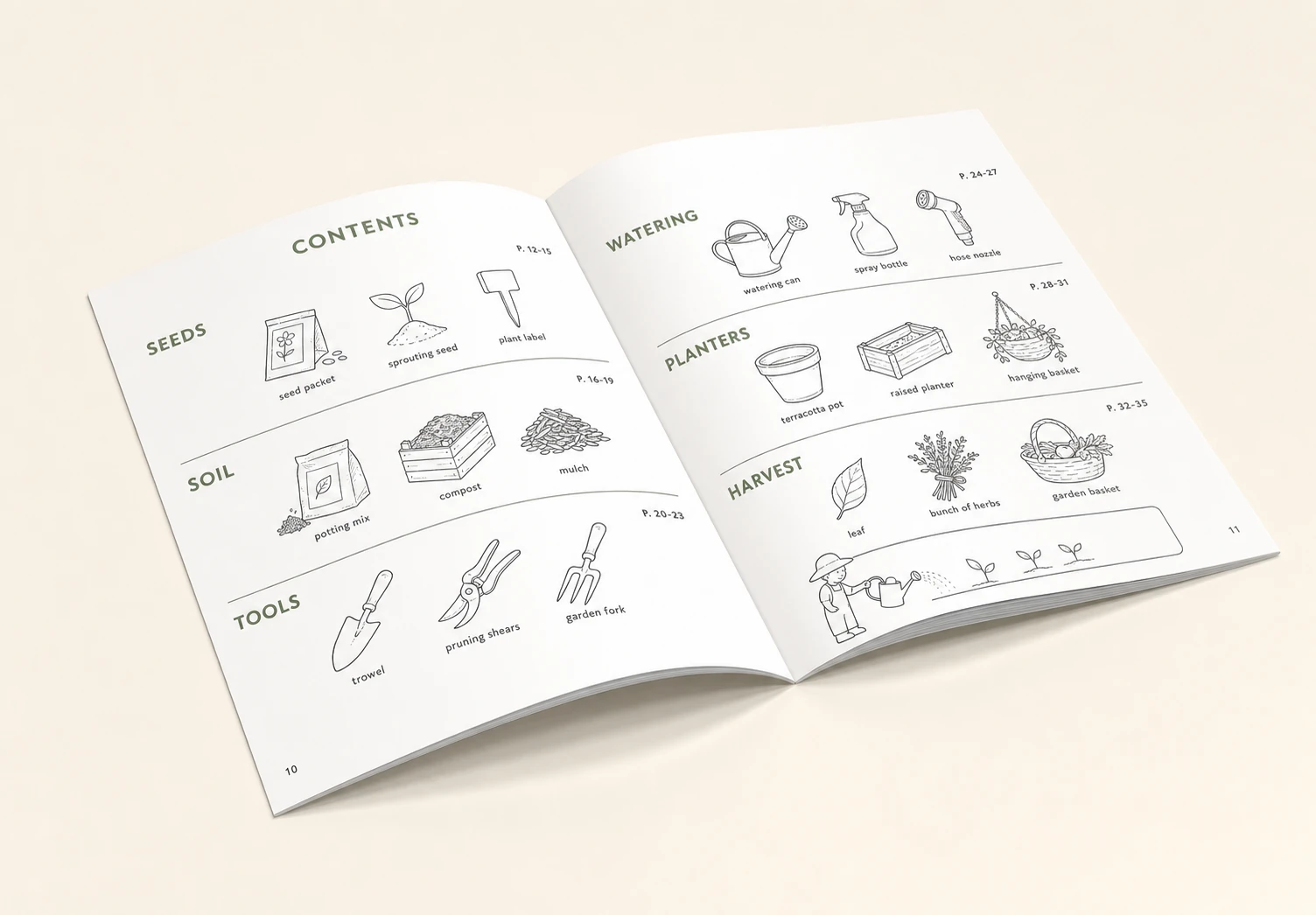 A photorealistic mockup of an open booklet showing a charmingly illustrated gardening-themed table of contents page spread.