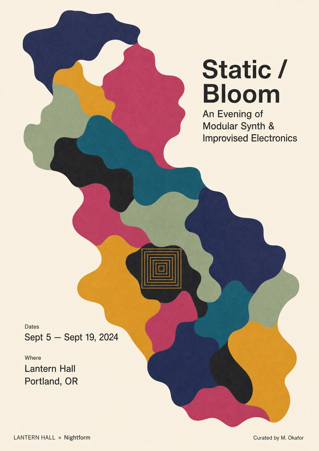 A modern event poster featuring an organic blob-cluster of overlapping rounded shapes in a multicolor palette with bold sans-serif typography on a cream backgro