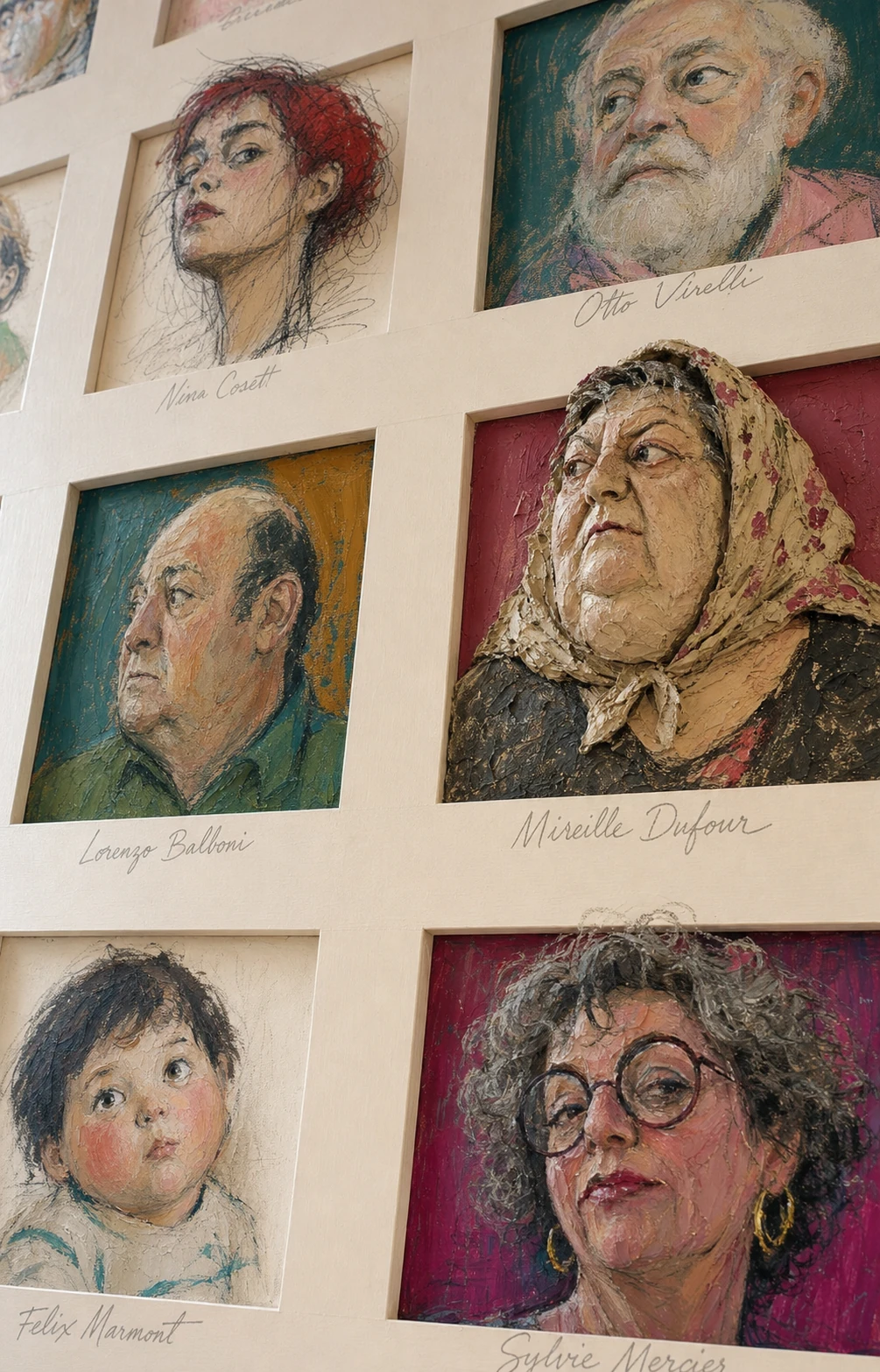 A gridded gallery wall of textured, painterly character portraits set into recessed cream mat windows, each captioned with a hand-lettered name.