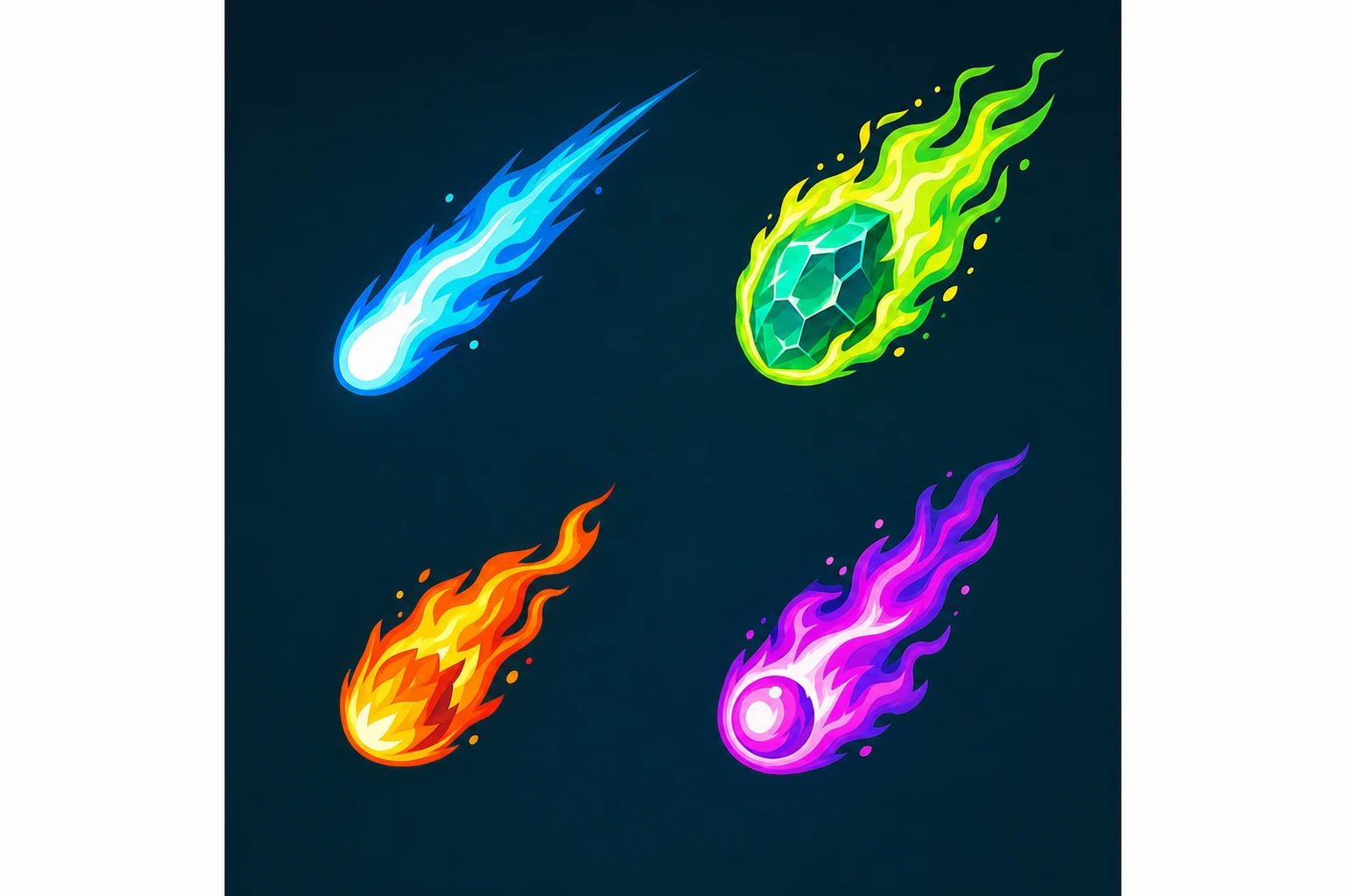A set of four stylized flaming comet/meteor game icons in different elemental colors arranged on a dark background.