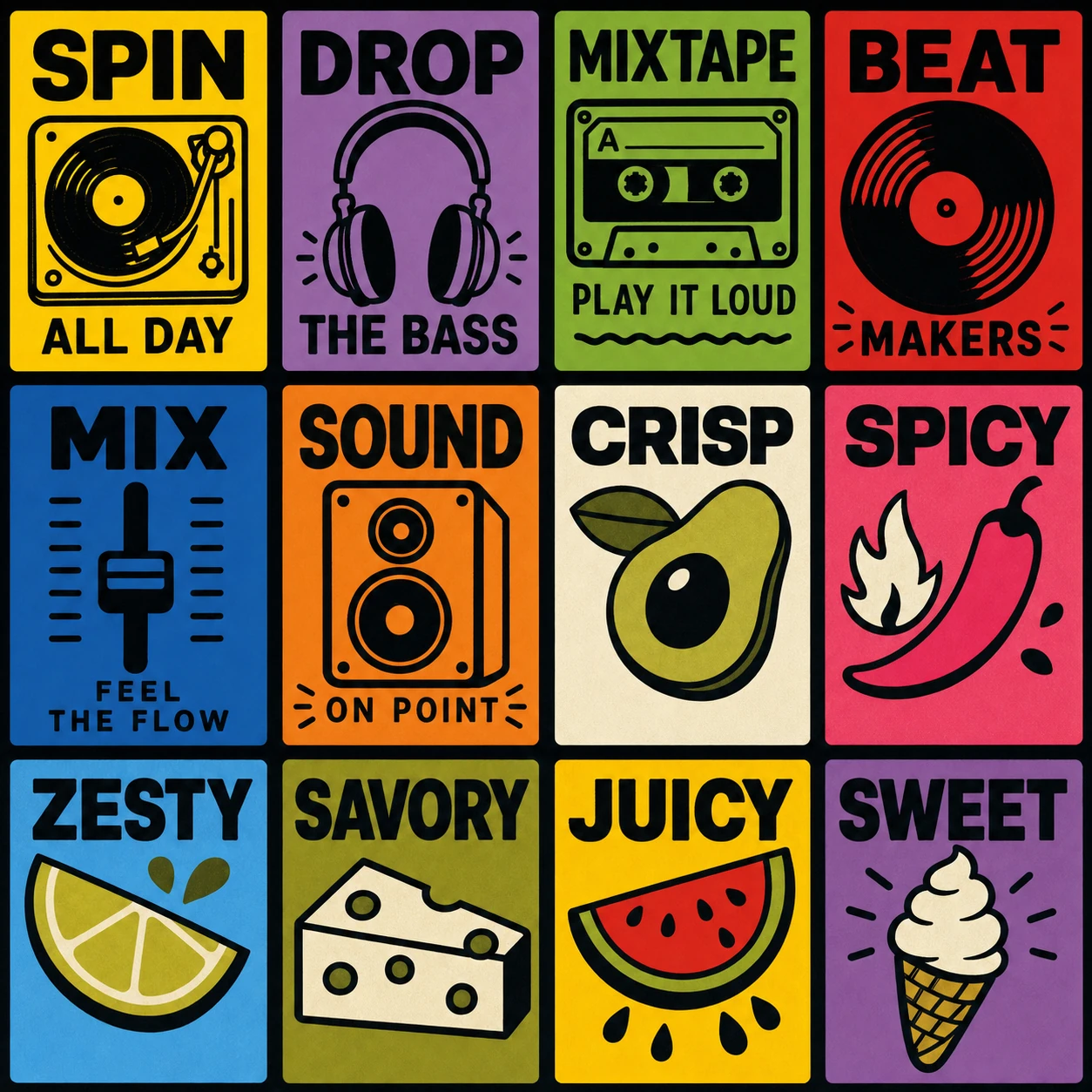 A 4x3 grid of bold, colorful icon tiles pairing music and food motifs with punchy bold sans-serif slogans.