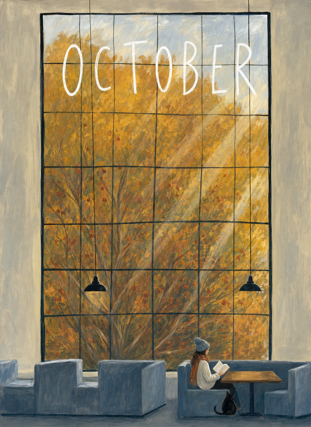 A cozy painterly interior scene of a person reading by a tall gridded window overlooking golden autumn foliage, with the word 'OCTOBER' hand-lettered across the