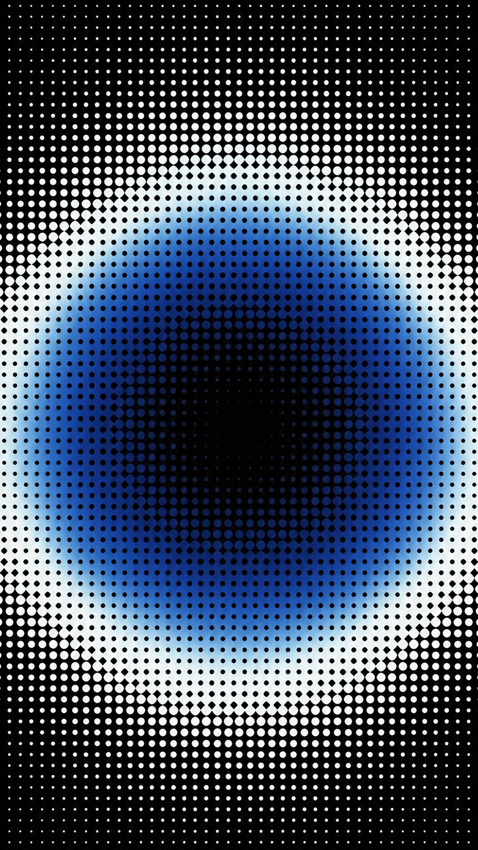 An abstract halftone-dot composition forming a glowing blue and white orb against deep black.