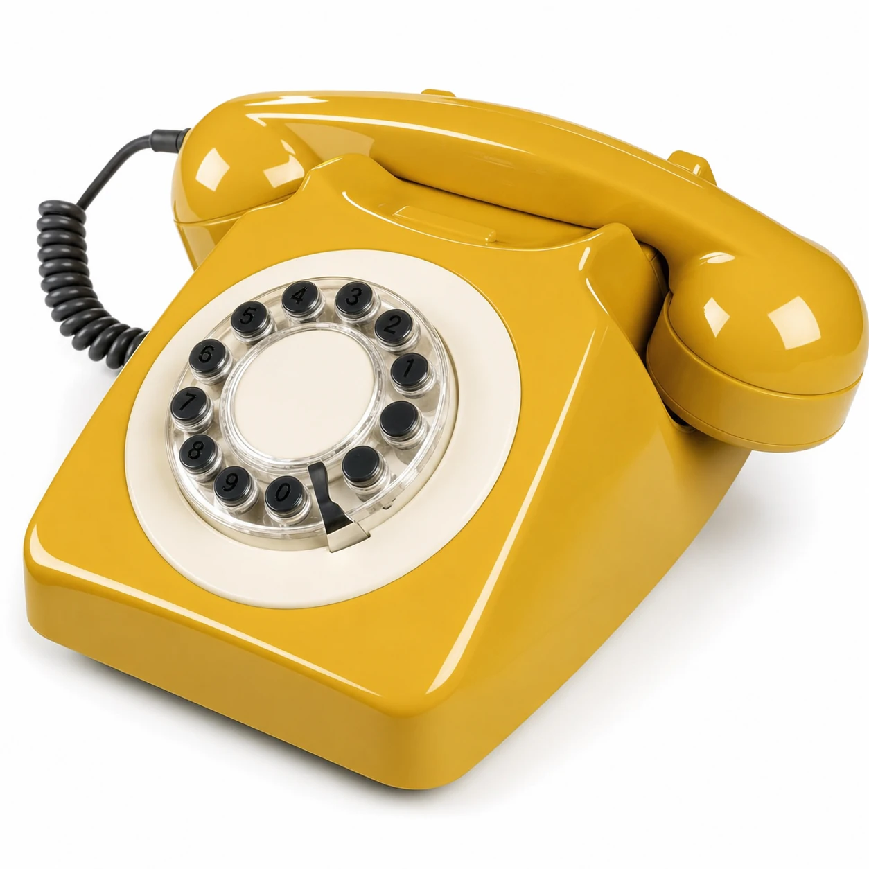 A glossy retro-style rotary-look desk telephone in bright yellow, photographed on a clean white background.