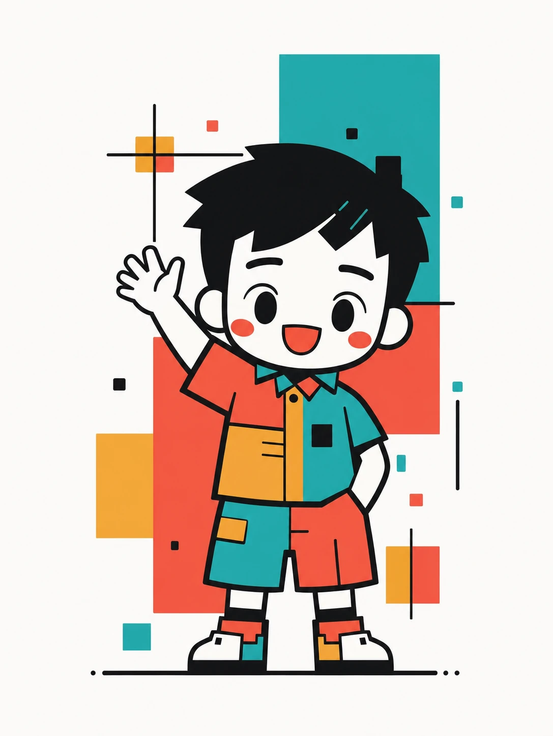A cheerful cartoon child waving against a clean white background with playful geometric color blocks.