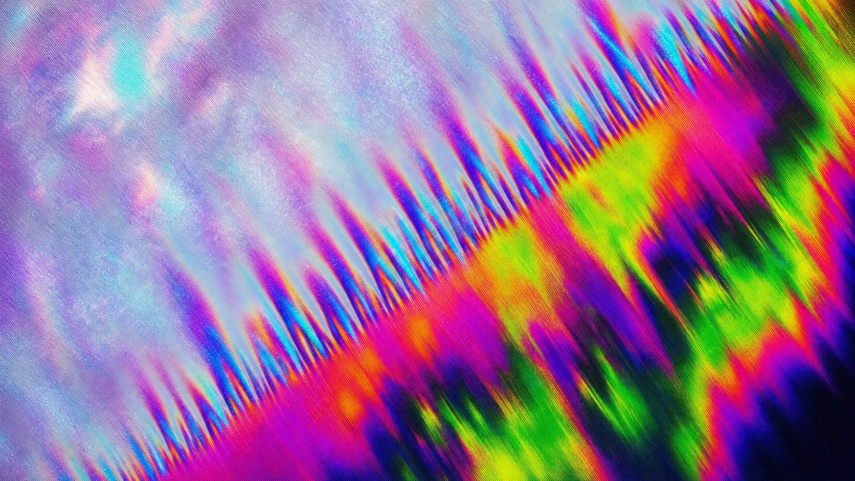 A vibrant abstract holographic gradient with diagonal glitchy waveform striations transitioning from soft pastel iridescence to saturated neon chaos.