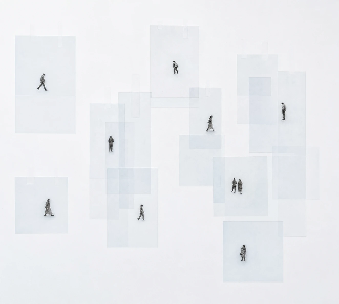 A minimalist composition of overlapping translucent vellum sheets scattered across white space, each containing a tiny solitary monochrome human figure.