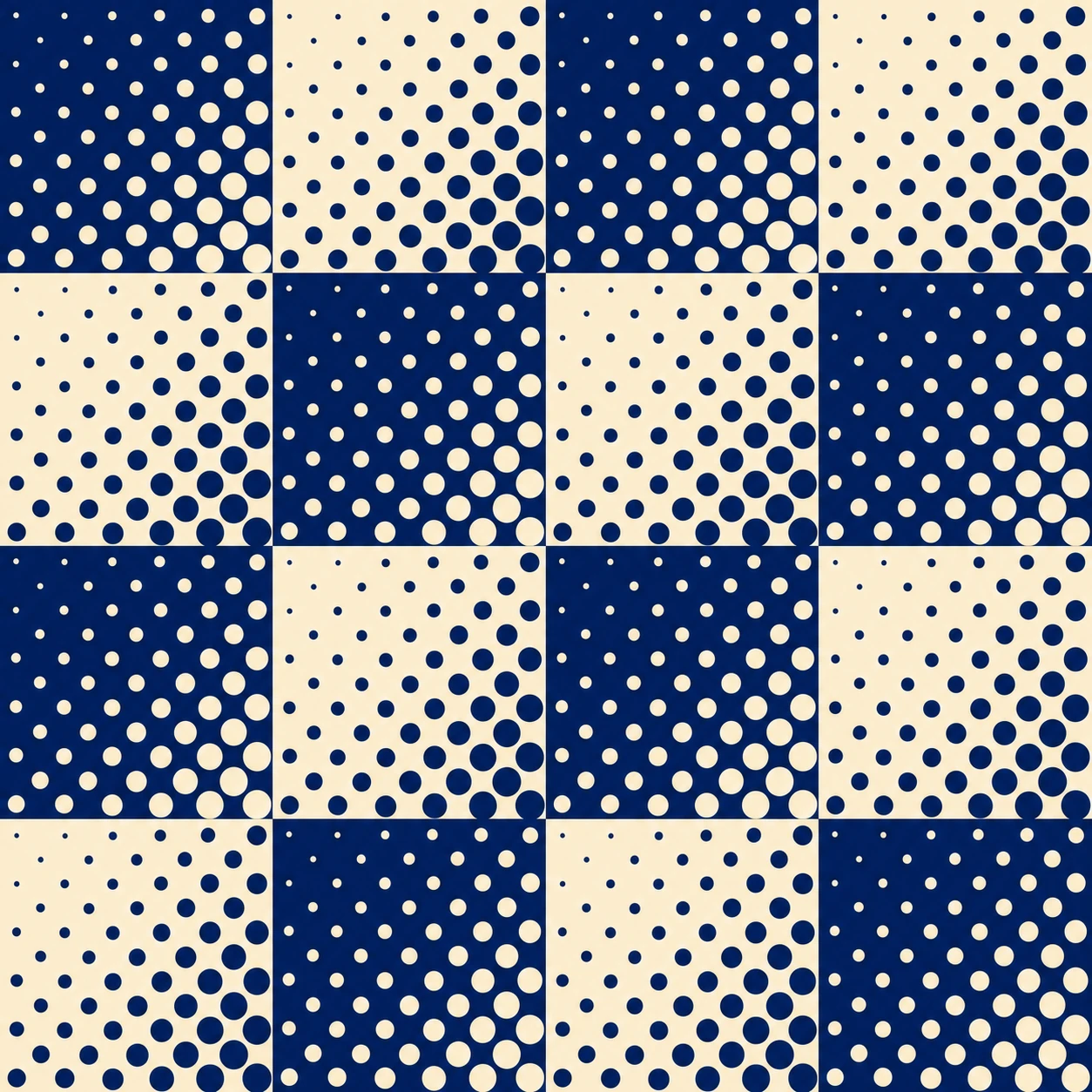 A seamless checkerboard pattern of alternating navy and cream tiles, each filled with a gradient halftone dot field.