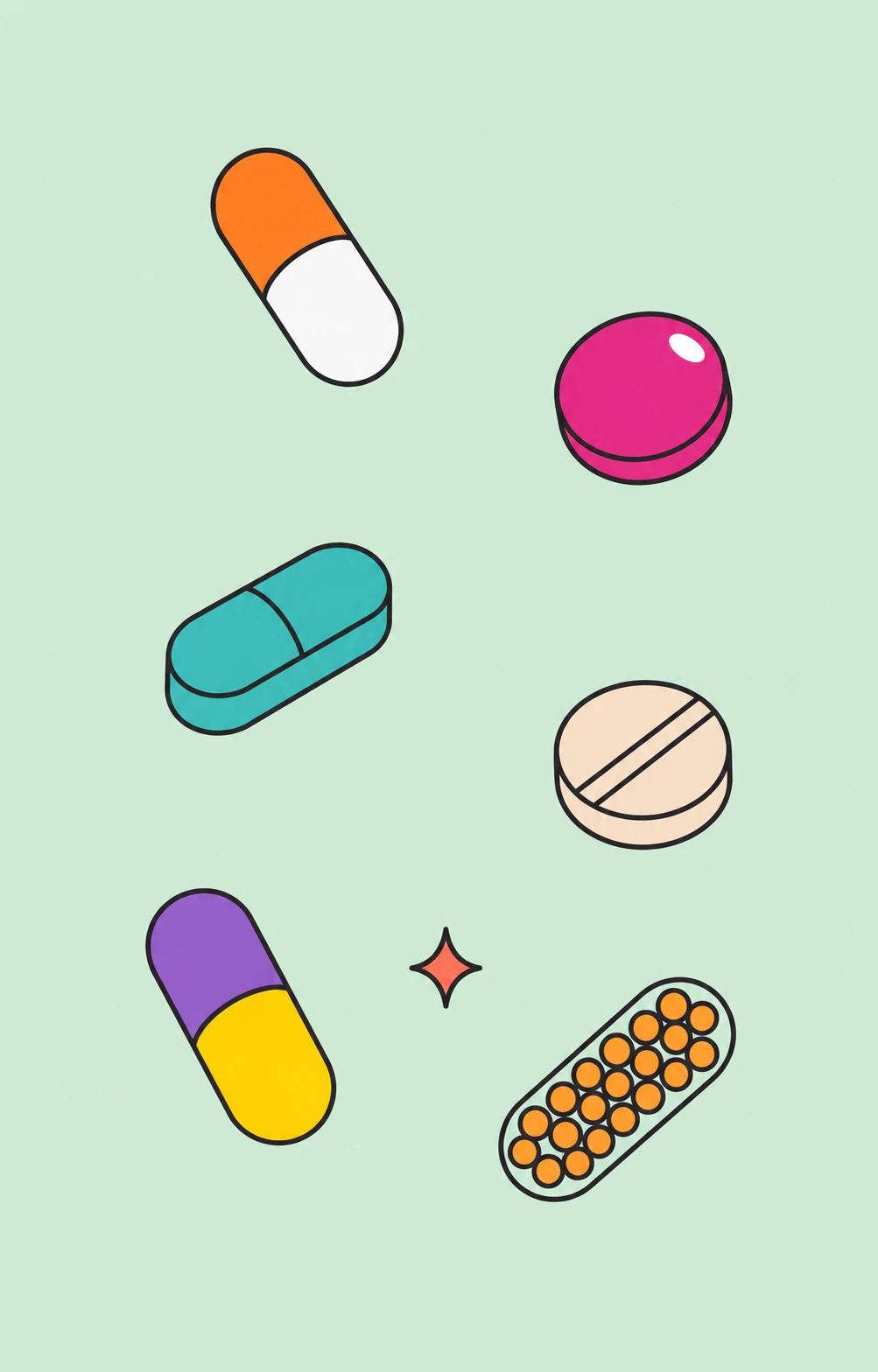 A playful flat-vector arrangement of colorful pills, capsules, and tablets scattered across a soft mint background.