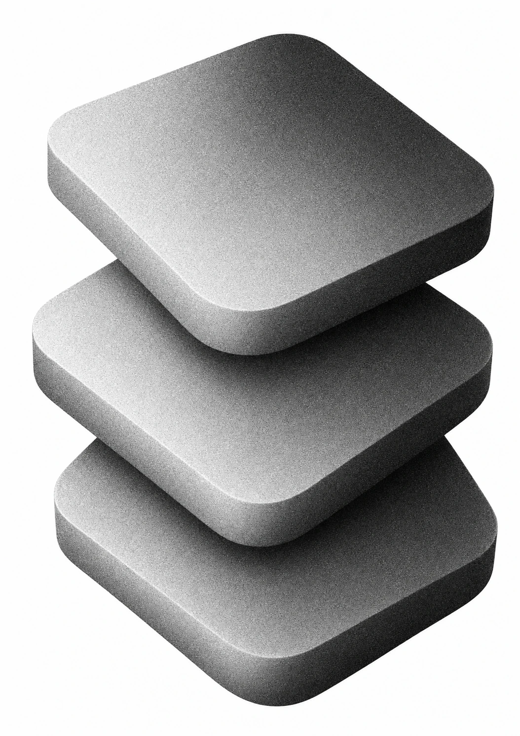Three stacked rounded-square slabs floating in space, rendered in monochrome grayscale with a soft grainy finish.