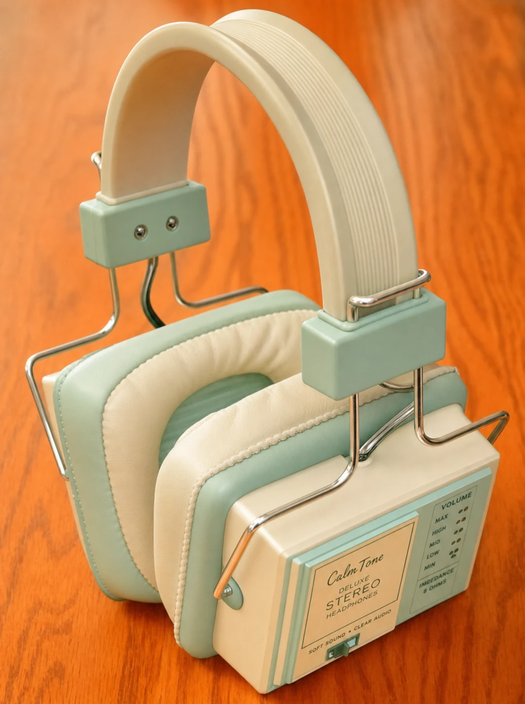 A pair of retro-styled stereo headphones in mint green and cream, photographed standing on a warm wood surface.