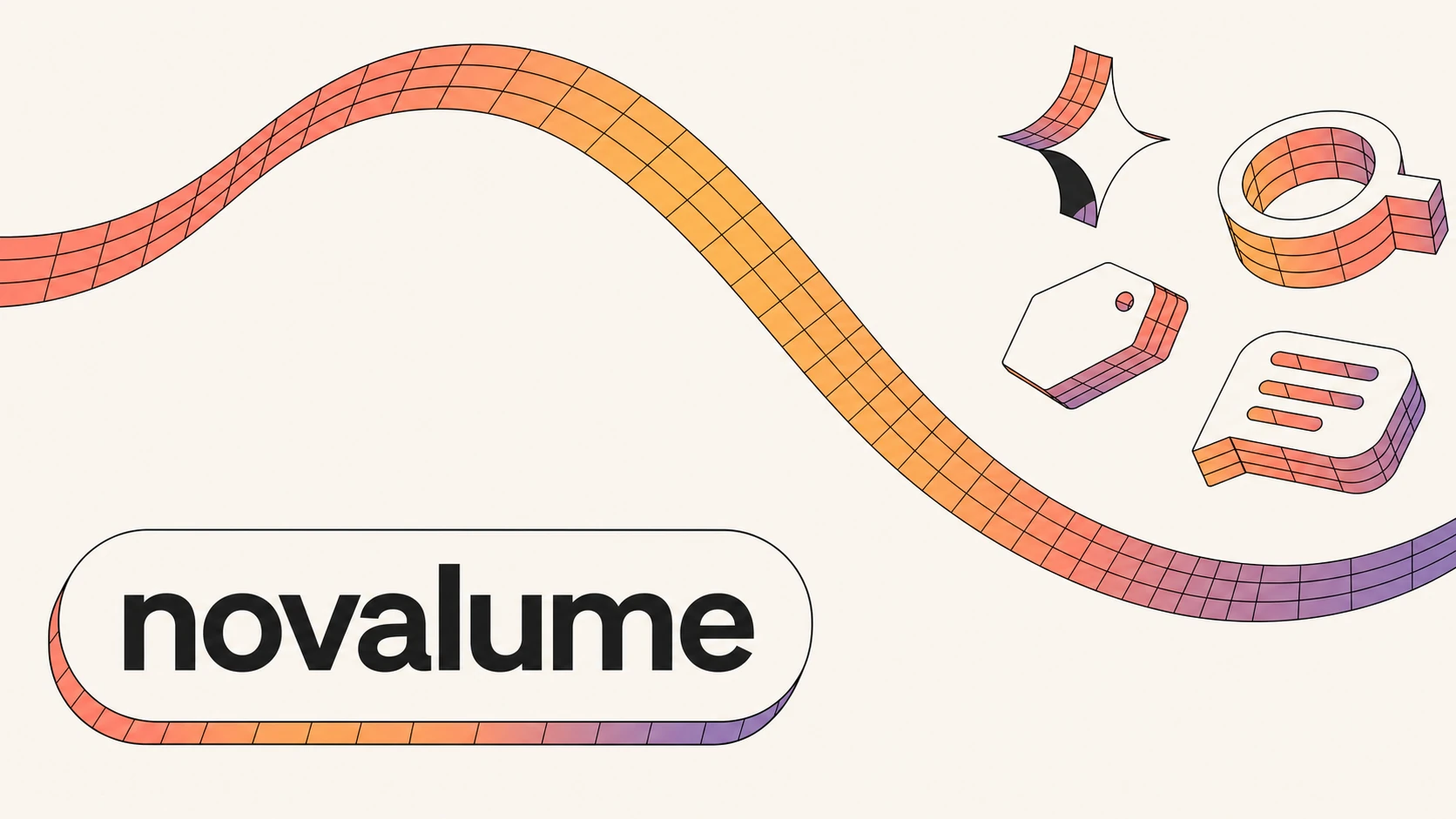 A minimalist tech brand key visual featuring a flowing 3D gridded ribbon in a warm gradient sweeping across a cream canvas, with isometric 3D icons and a pill-e