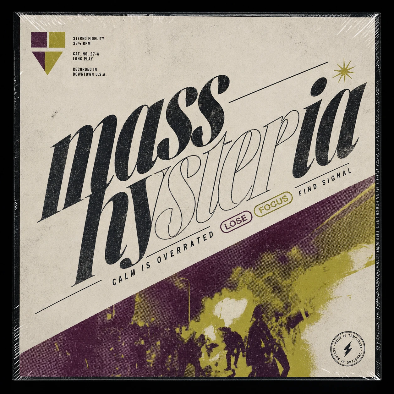 A retro vinyl record sleeve with bold script lettering, vintage catalog typography, and a duotone halftone crowd photo across the lower half.