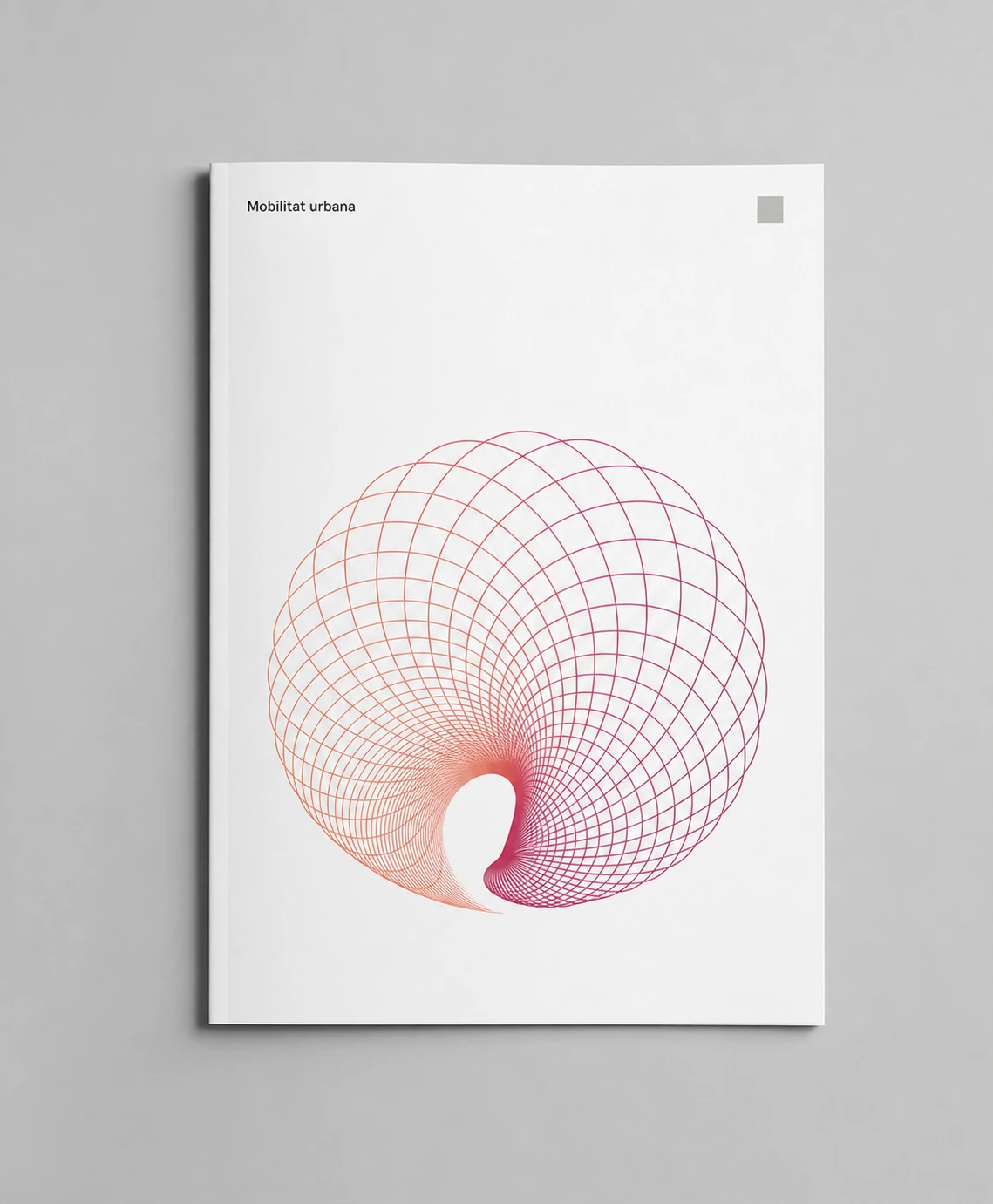 A minimalist white book or brochure cover featuring a single gradient line-art torus formed from intersecting curved threads, photographed flat on a neutral gra
